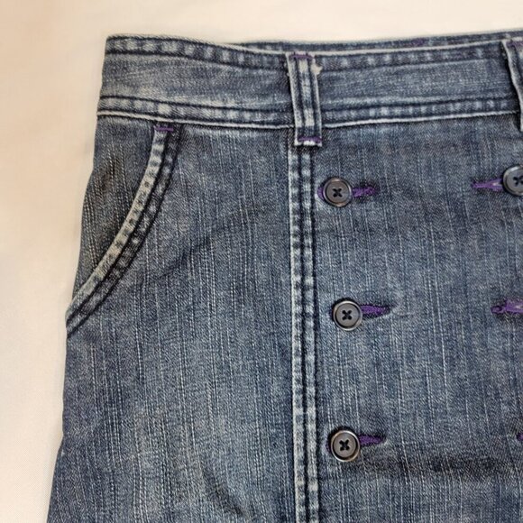 Bica Cheia Button Front Denim Mini Skirt | Size 2 | Stretchy High Waist Skirt - Picture 3 of 12